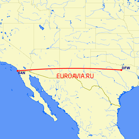 перелет Даллас — Сан Диего на карте