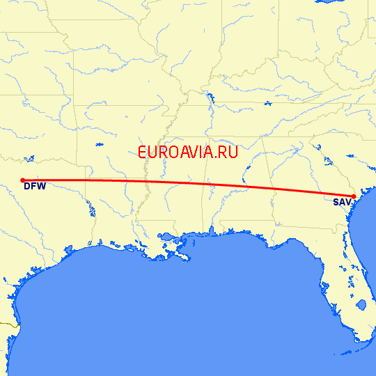 перелет Даллас — Саванна на карте