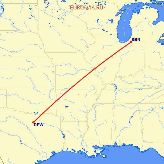перелет Даллас — South Bend на карте