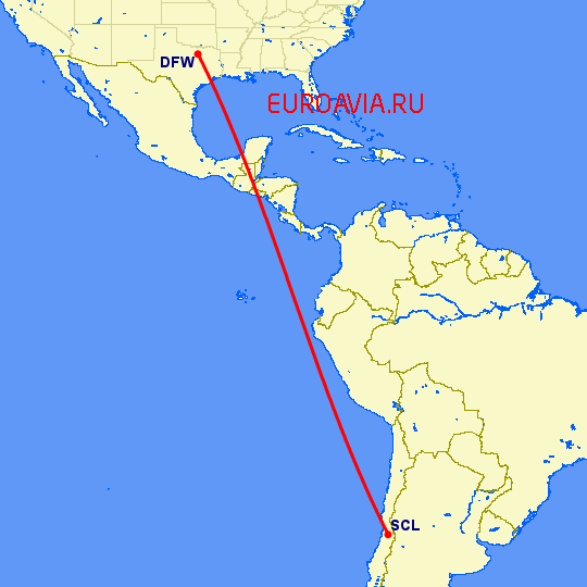 перелет Даллас — Сантьяго на карте
