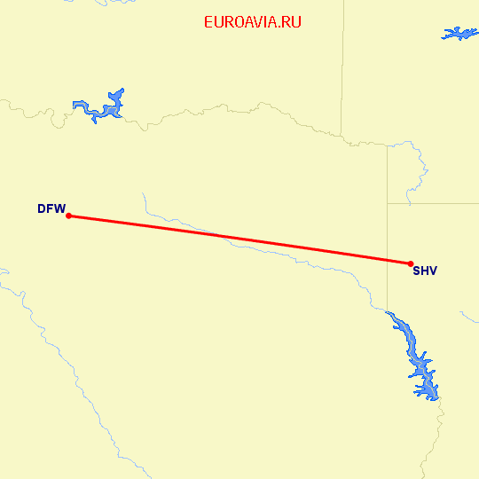 перелет Даллас — Шривпорт на карте