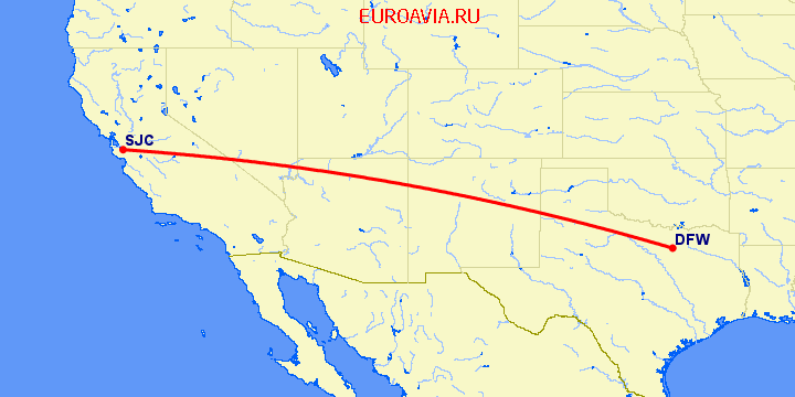 перелет Даллас — Сан Хосе на карте