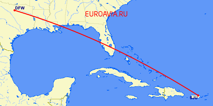 перелет Даллас — Сан Хуан на карте