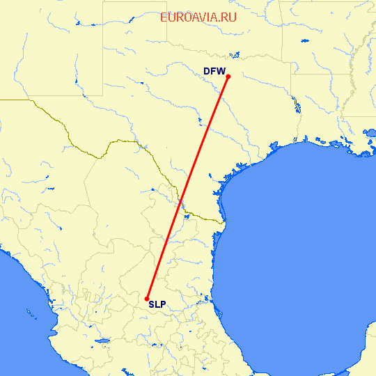 перелет Даллас — Сан Луис Потоси на карте