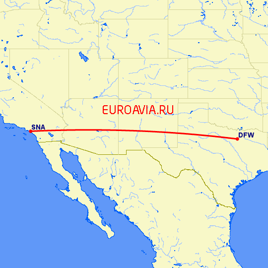 перелет Даллас — Санта Ана на карте