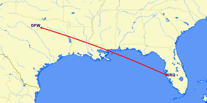 перелет Даллас — Сарасота на карте