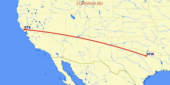 перелет Даллас — Санта Роса на карте