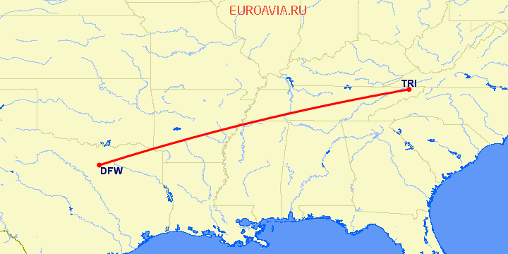 перелет Даллас — Blountville на карте