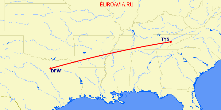 перелет Даллас — Ноксвилл на карте