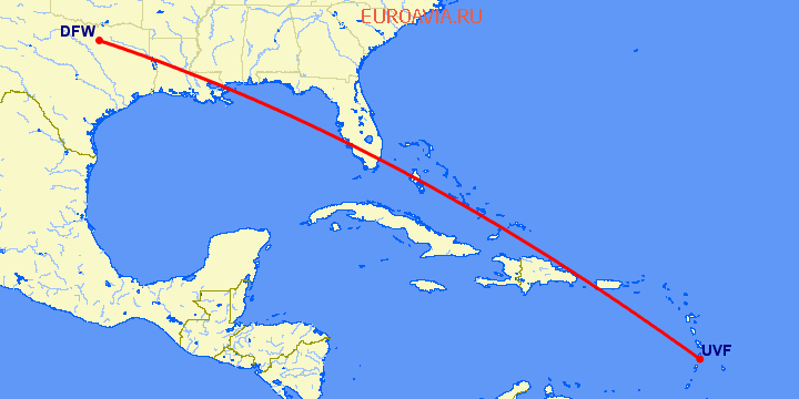 перелет Даллас — St Lucia на карте
