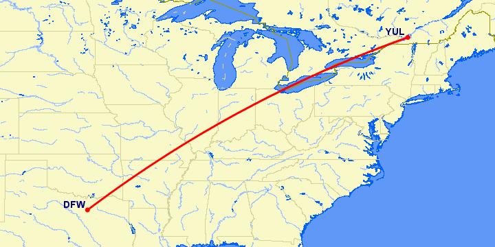 перелет Даллас — Монреаль на карте
