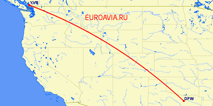 перелет Даллас — Ванкувер на карте