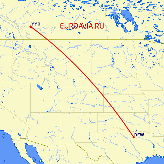 перелет Даллас — Калгари на карте