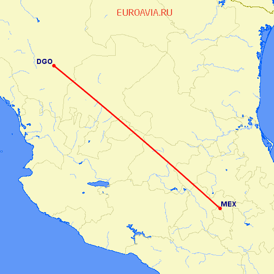 перелет Дуранго — Мексико Сити на карте