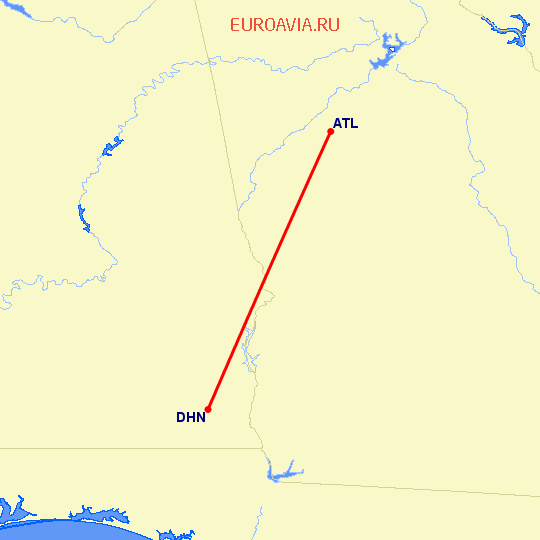 перелет Dothan — Атланта на карте