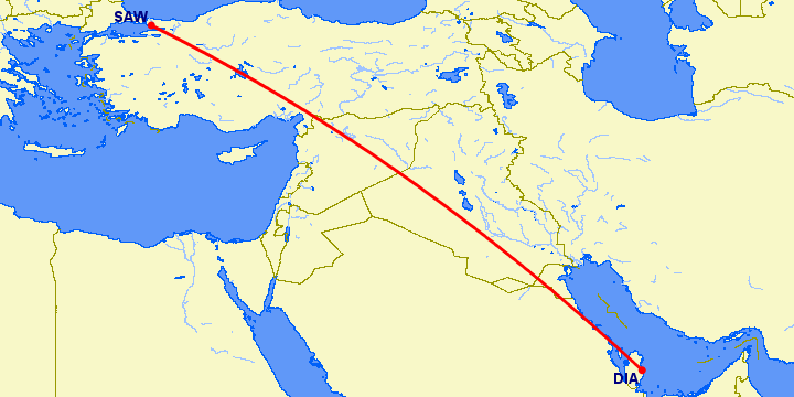 перелет Доха — Стамбул на карте