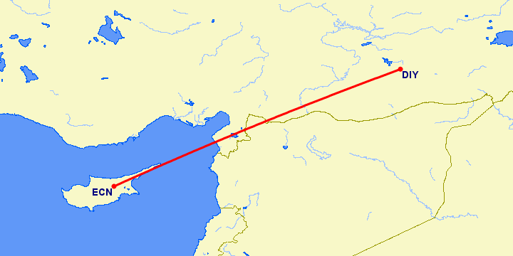 перелет Диярбакыр — Никосия на карте