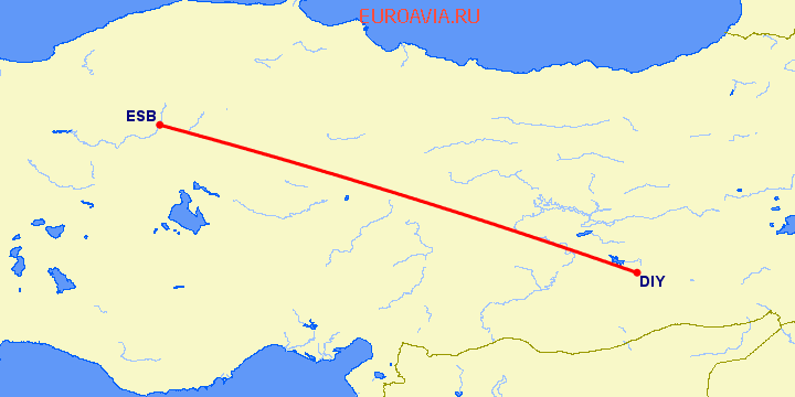 перелет Диярбакыр — Анкара на карте