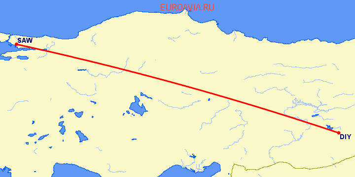 перелет Диярбакыр — Стамбул на карте