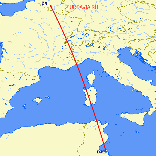 перелет Джерба — Шарлеруа на карте
