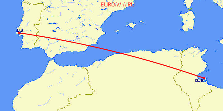 перелет Джерба — Лиссабон на карте