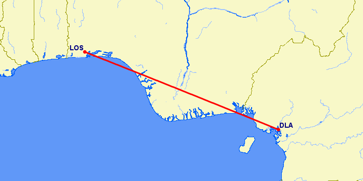 перелет Дуала — Лагос на карте