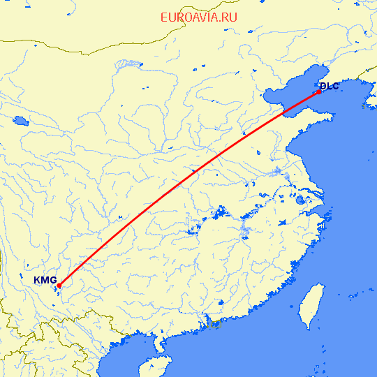 перелет Далиан — Кунминг на карте