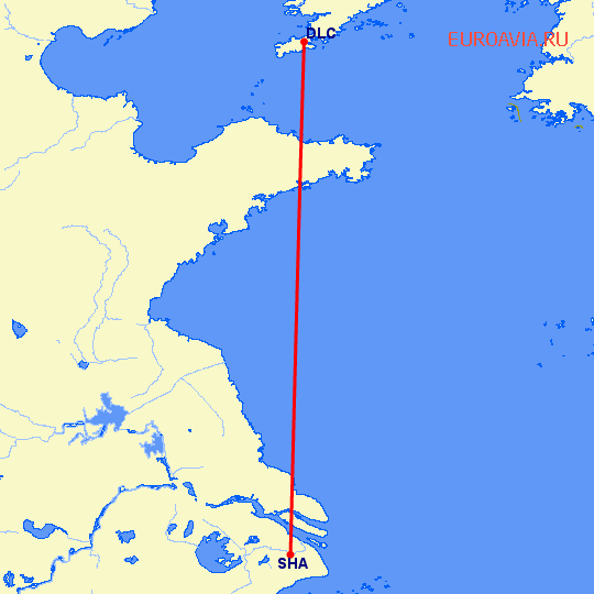 перелет Далиан — Шанхай на карте