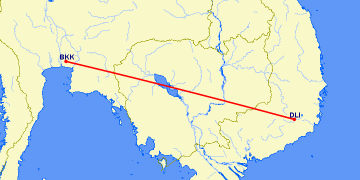 перелет Далат — Бангкок на карте
