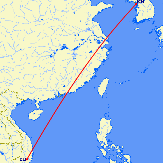 перелет Далат — Сеул на карте
