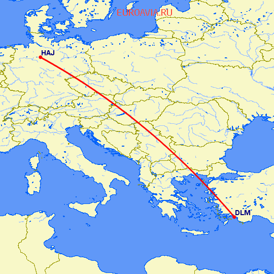 перелет Даламан — Ганновер на карте