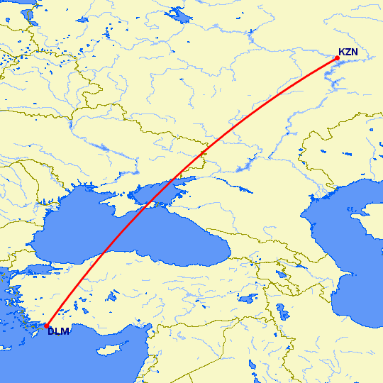 перелет Даламан — Казань на карте