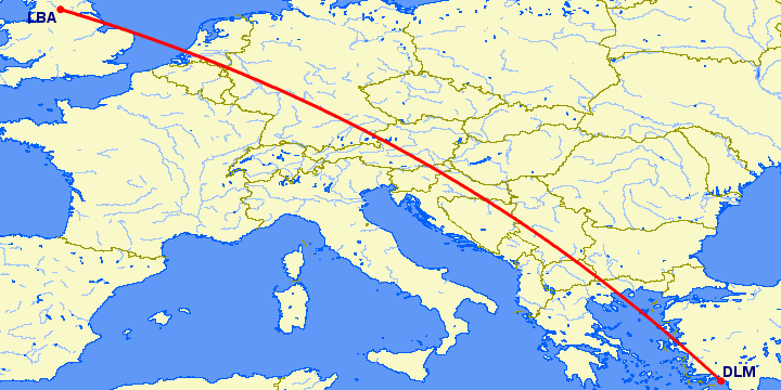 перелет Даламан — Лидс на карте