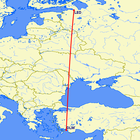 перелет Даламан — Санкт Петербург на карте