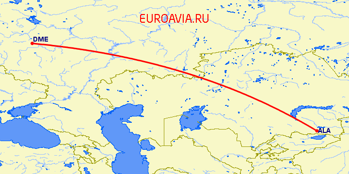 перелет Москва — Алматы на карте