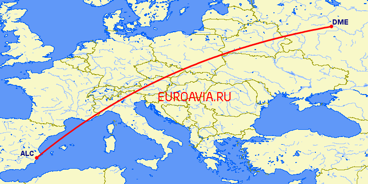 перелет Москва — Аликанте на карте