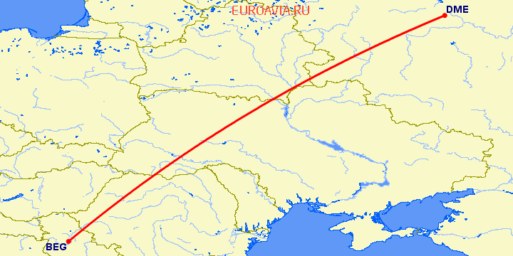 перелет Москва — Белград на карте