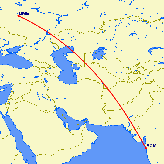 перелет Москва — Бомбей на карте
