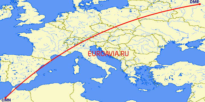 перелет Москва — Касабланка на карте