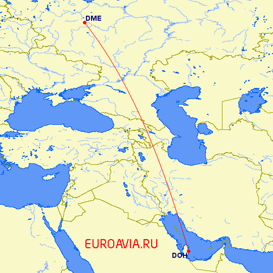 перелет Москва — Доха на карте