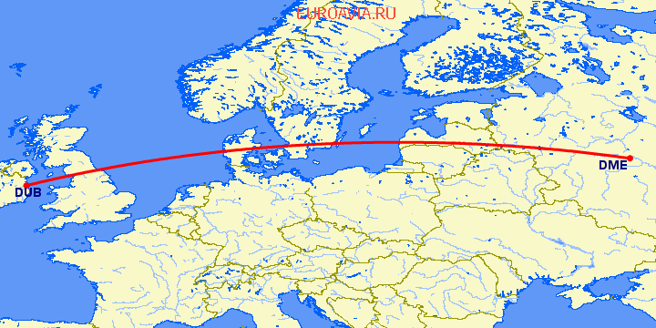перелет Москва — Дублин на карте