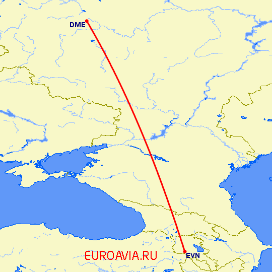 перелет Москва — Ереван на карте