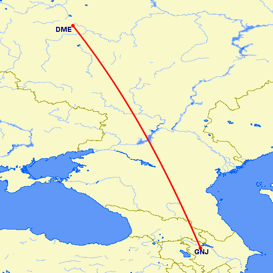 перелет Москва — Гянджа на карте