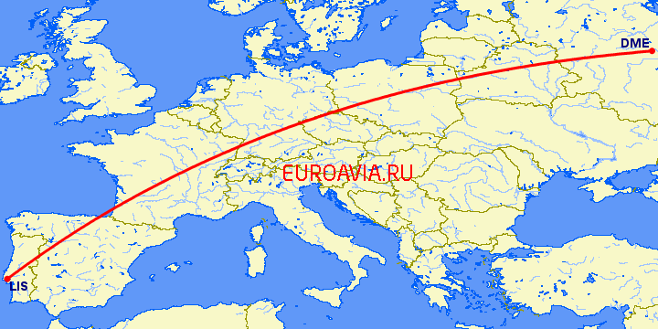 перелет Москва — Лиссабон на карте