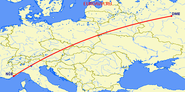 перелет Москва — Ницца на карте