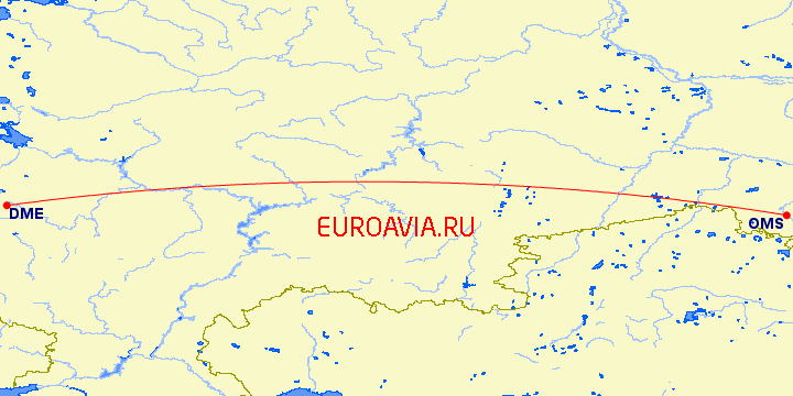 перелет Москва — Омск на карте
