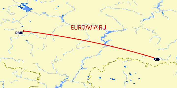 перелет Москва — Оренбург на карте