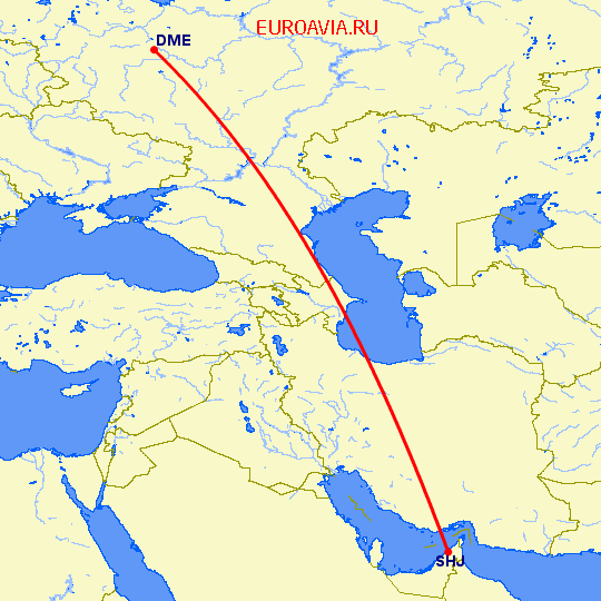 перелет Москва — Шарджа на карте