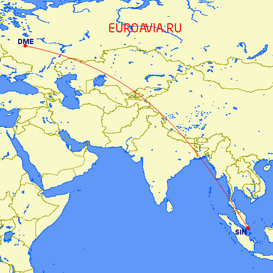 перелет Москва — Сингапур на карте