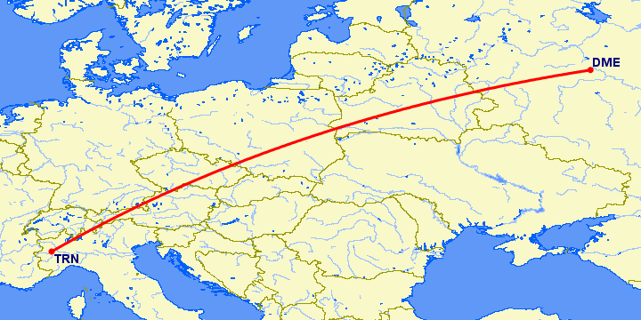 перелет Москва — Турин на карте